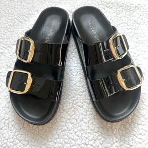 Madden Girl Black Patent Slide Sandals Sz 5.5 Gold Buckles Glossy Finish